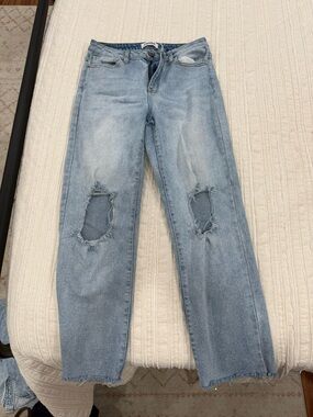 Light Blue Distressed Women's Jeans High Waisted Straight Leg